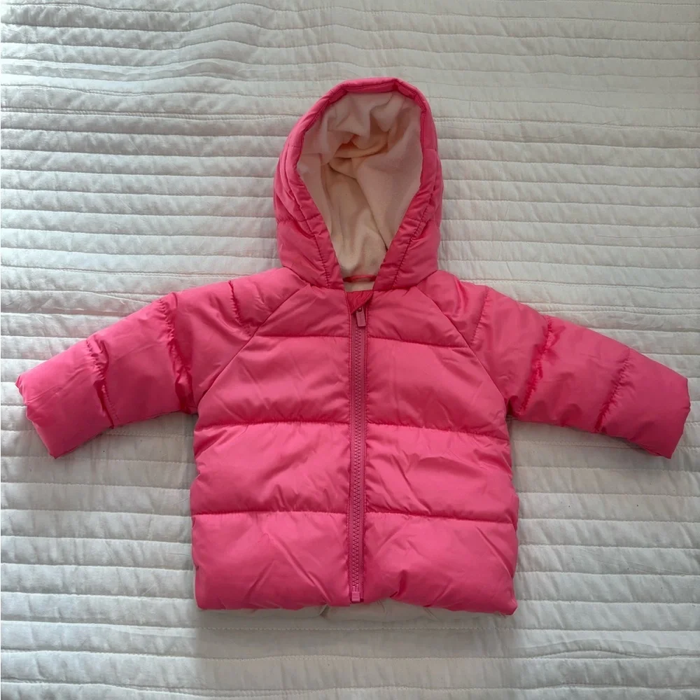 Old Navy Water Resistant Quilted Graphic Hooded Puffer Coat Pink Sz 6-12 months